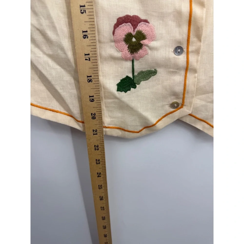 VRG GRL Embroidered Pansy Linen Vest Womens 10 Cream Floral Button Up Boho